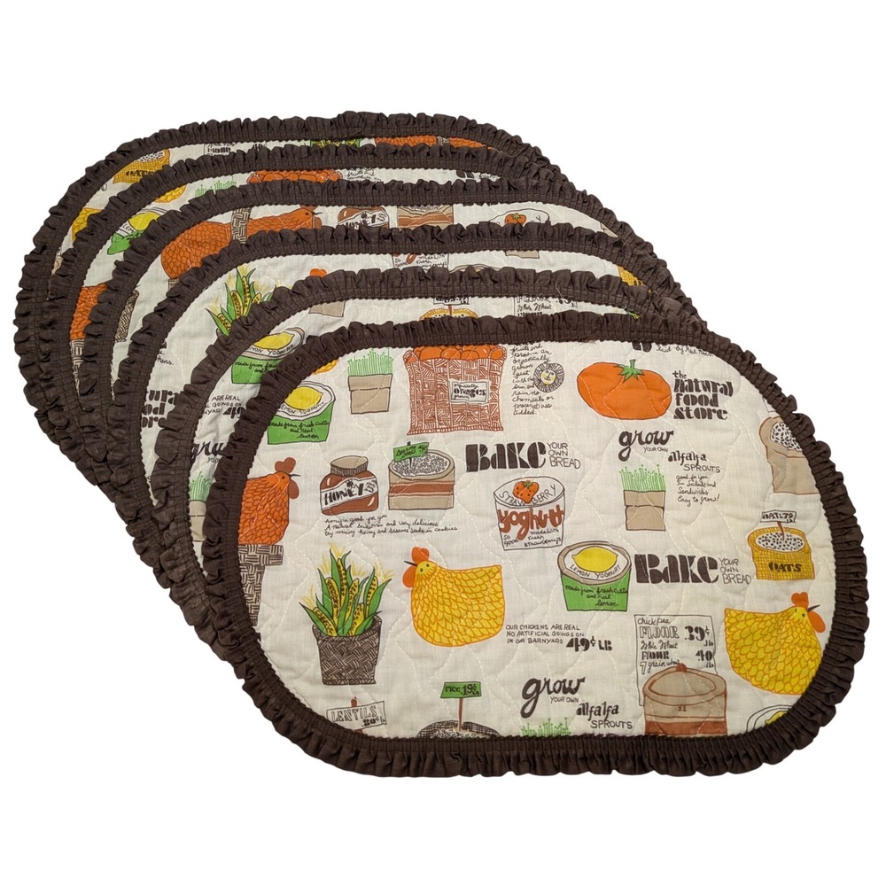 Vintage Quilted Placemats Set 6 Chicken Natural Food Retro 70s Ruffle Farmhouse